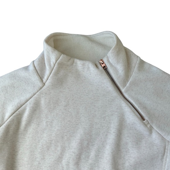 Athleta Cozy Karma Asymmetrical Mock Neck Funnel pullover Fleece Small Oatmeal - Picture 3 of 9